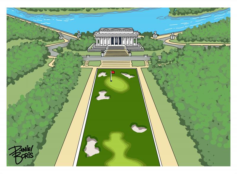 The Lincoln Memorial reflecting pool shown as a green golf course.