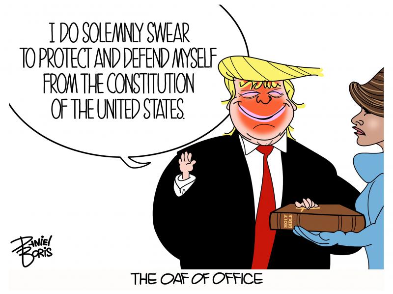 Donald Trump taking his oath of office. Trump and Melania shown. Trump with right hand raisedand other hand on a Bible that Melania is holding. Trump dialogue: "I do solemnly swear to protect and defend myself from the Constitution of the United States." 