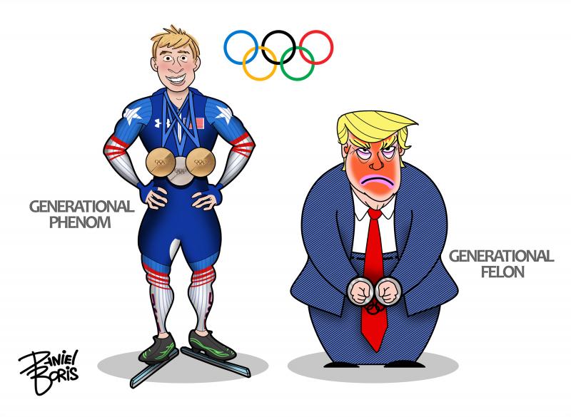 American Speed Skater Jordan Stolz shown on left, dressed in his skating uniform and wearing his two gold medals and one silver medal. Next to him is shown Donald Trump in handcuffs. "Generational Phenom vs Generational Felon"