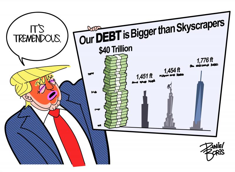 Trump shown holding a graphic that compares a tall stack of currency to tall buildings. The title of the chart, "Our DEBT is bigger than skyscrapers." Trump: It's tremendous."