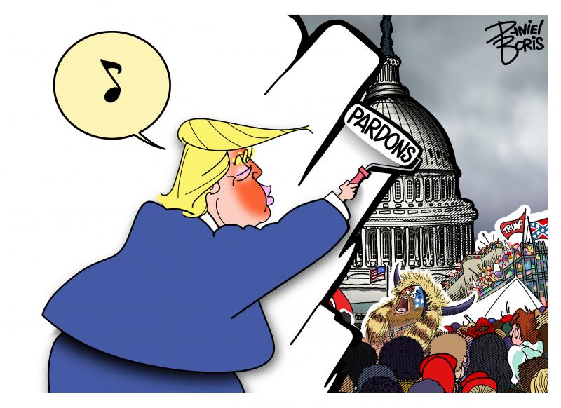Donald Trump seen whistling as he white washes over the events of January 6. The paint roller labeled, "PARDONS."