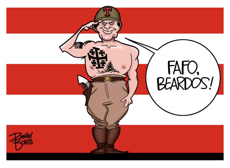 A shirtless U.S. Department of Defense (War) Secretary Pete Hegseth seen standing in the iconic pose from the movie Patton, wearing a combat helmet. FAFO Beardos!