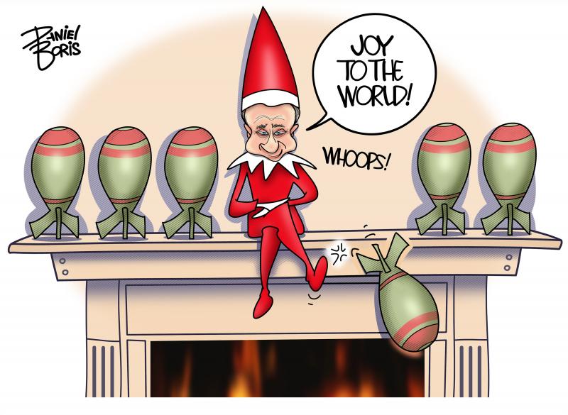 Putin shown as "Elf on a Shelf", knocking a bomb off of his perch.
