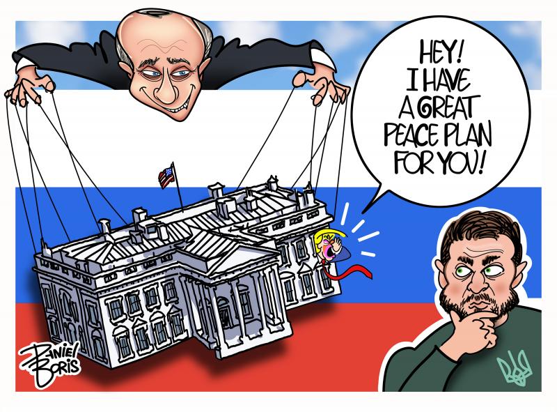 Putin shown at top left with arms extended to the sides with hands contorted and strings attached that lead to a small model of the White House below. A small Donald Trump is seen yelling out the window at President Zelenskyy seen at bottom right looking at Trump. Trump: Hey! I have a great Peace Plan for you!"