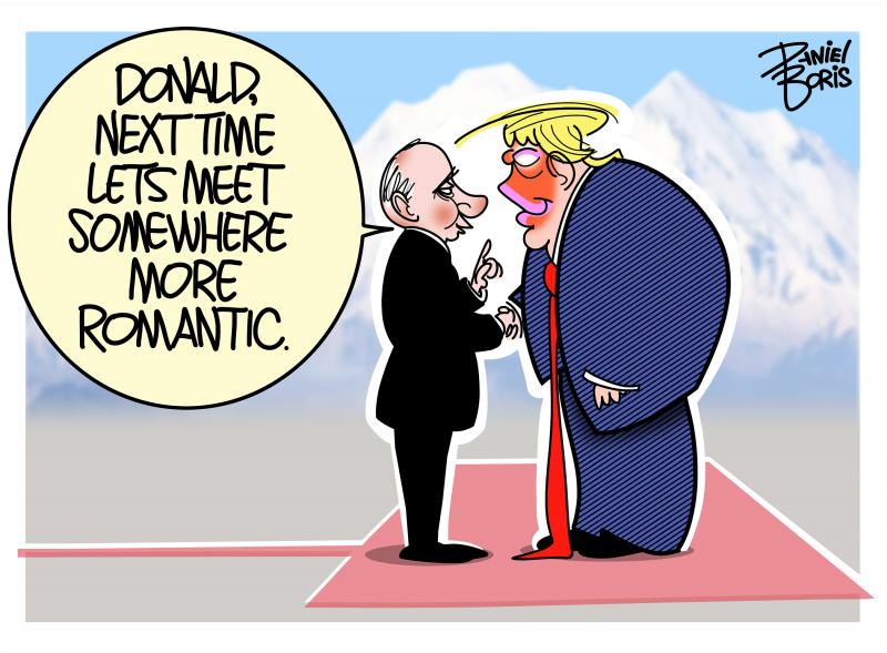 Trump and Putin holding hands at recent Alaska summit. Putin: "Donald, next time let's meet somewhere more romantic."