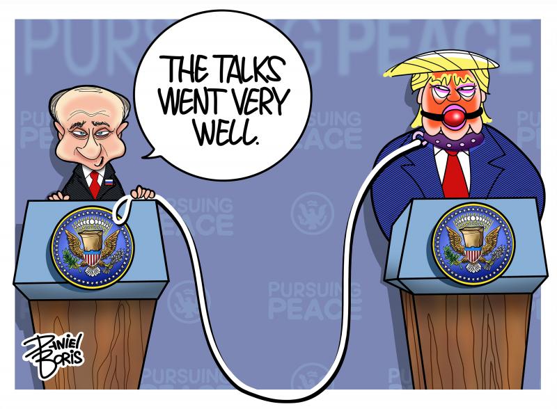Putin and Trump seen at podiums at recent Alaska press conference. Trump has a ball gag in mouth, and a collar around his neck. A leash is attached to the collar and Putin holds the handle, with a sly look on his face. Putin: "The talks went very well."