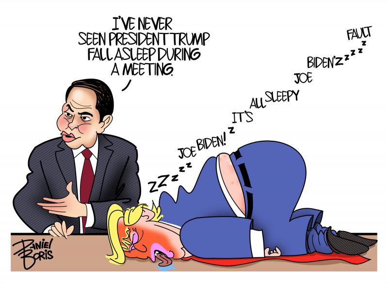 U.S. Secretary of State Marco Rubio seen seated at a table, looking to the left as he speaks. Next to him is Donald Trump crumpled up and asleep on the table top. Rubio: "I've never seen President Trump fall asleep during a meeting." Trump mumbles in his sleep: "Zzz...Joe biden! z It's all sleepy Joe Biden'zzzz fault."