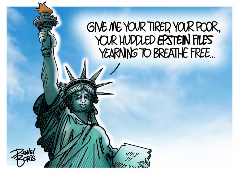 Statue of Liberty seen with annoyed expression: "Give me your tired, your poor, your huddled Epstein Files yearning to breathe free..."