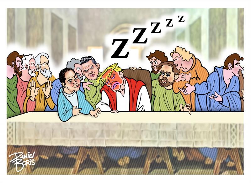 Parody of Leonardo Da Vinci's The Last Supper. Trump seen seated in the middle, asleep and dressed in the white tunic and red robe from his infamous social media post as Jesus.