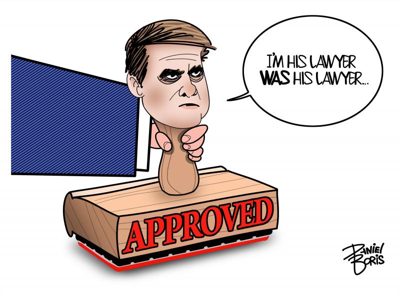 Acting Attorney General Todd Blanche pictured as a robber stamp with the word, "Approved" written on the front. His head shown as the top of the stamp's handle. Trump's small fingers seen around his neck. Blanche: I'm his lawyer WAS his lawyer..."