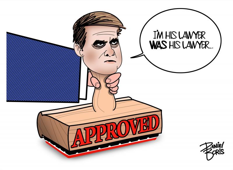 Acting Attorney General Todd Blanche pictured as a robber stamp with the word, "Approved" written on the front. His head shown as the top of the stamp's handle. Trump's small fingers seen around his neck. Blanche: I'm his lawyer WAS his lawyer..."
