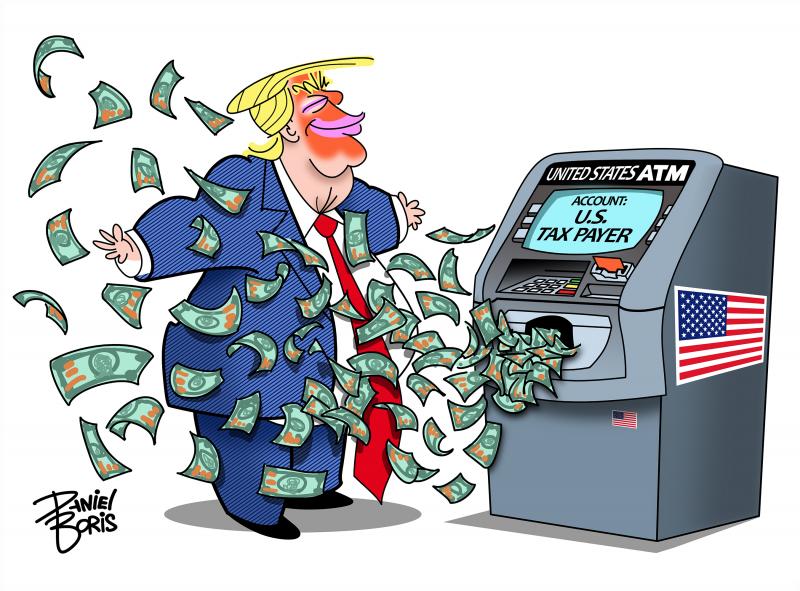 Trump seen standing with a big smile on his face and arms stretched out wide before an ATM machine labelled "United States" that is dispensing a steady stream of cash at him. The ATM machine screen shows the account as "U.S. tax payer."