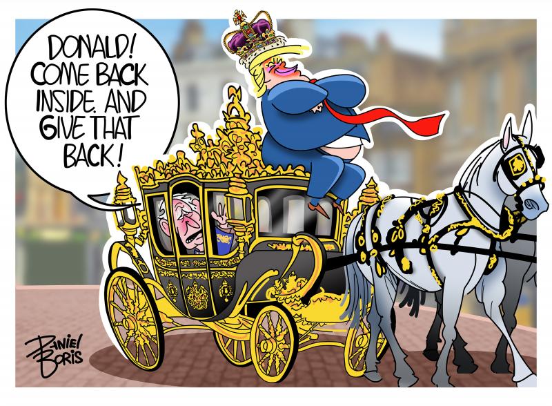 Donald Trump seen sitting atop the British Royal Carriage, wearing the royal crown and a smile on his face. Inside the coach is King Charles looking up at Trump. King Charles: Donald! Come back inside. And give that back!