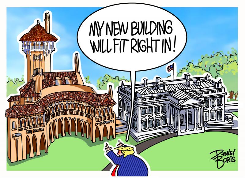 Trump seen holding up his hands to envision the massive new building he plans to build next tot he White House. Mar-a-Lago is shown right next to the White House. Trump: My new building will fit right in!"