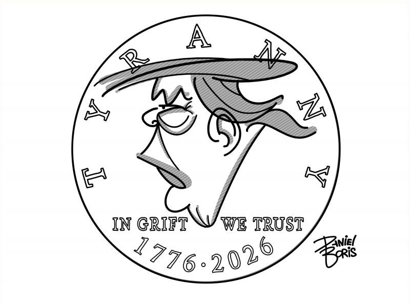 A U.S. coin with donald trump's profile seen. Tyranny is seen above. In Grift We Trust replaces the usual In God We Trust text.