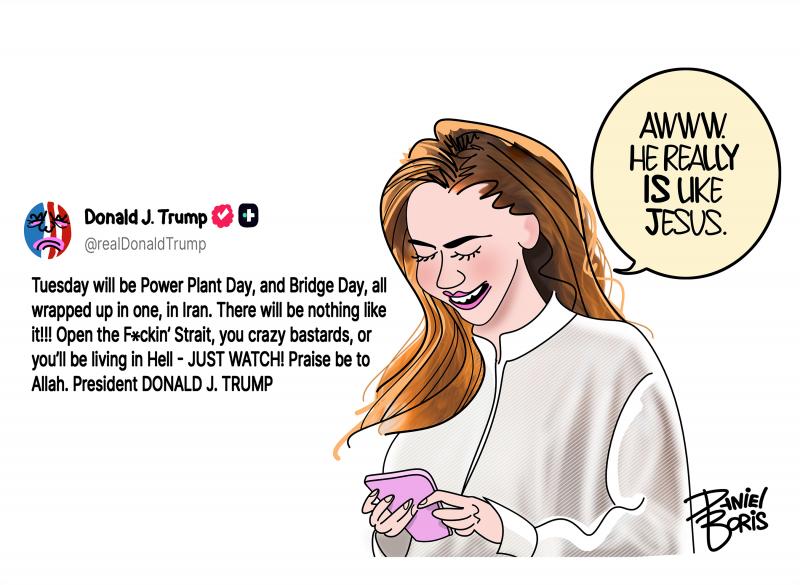 Woman seen looking down at her phone. Trump's unhinged Easter threat to Iran shown on screen. Woman: "Awww. He really is like Jesus."