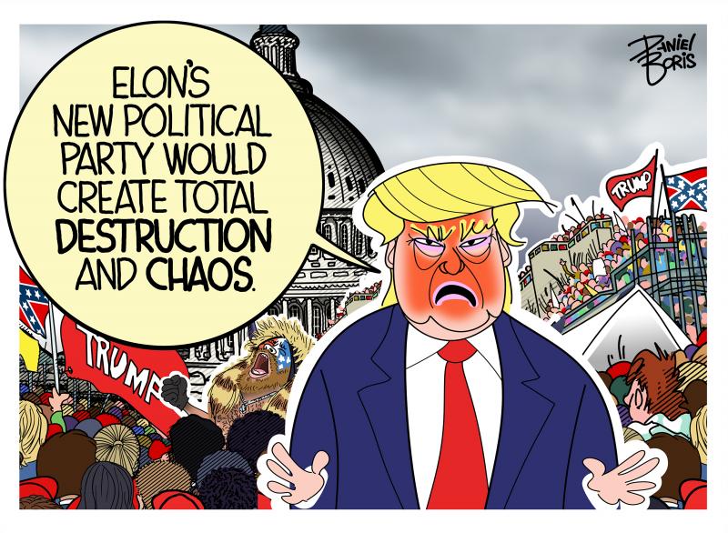 Trump seen in the foreground of the Jan 6 destruction and chaos in Washington D.C. Trump: "Elon's new political party would create total destruction and chaos."