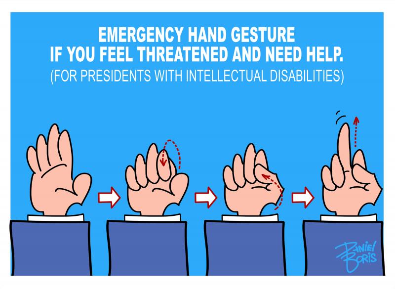 Chart showing hand signs. Step-by-Step instructions for how to give somebody the middle finger. "Emergency hand gesture if you feel threatened and need help (for president's with intellectual disabilities)."