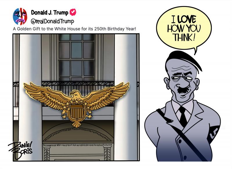 Trump Truth Social post showing a golden eagle attached to pillars of the White House. Adolph H. seen at right: "I love how you think!"