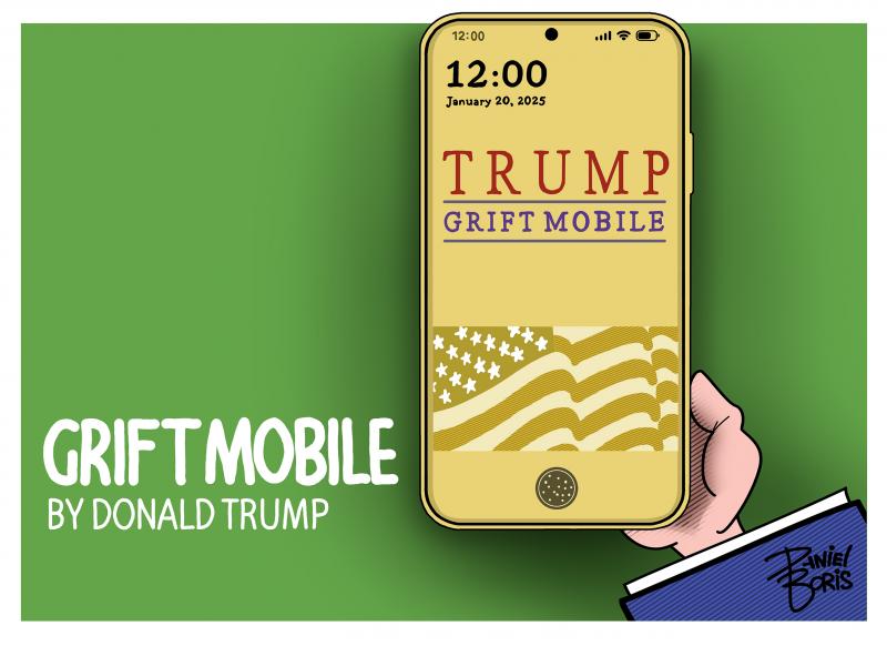 Golden smart phone with words, "Trump Grift Mobile" seen on screen. Caption: "Grift Mobile By Donald Trump."