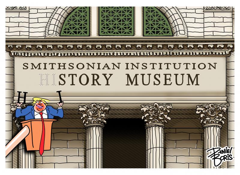 Donald Trump seen in a utility bucket lift removing and holding up the letters "H" and "I" from the word "History" beneath a Smithsonian Institution History Museum entrance sign. The sign now reads, "Story Museum."