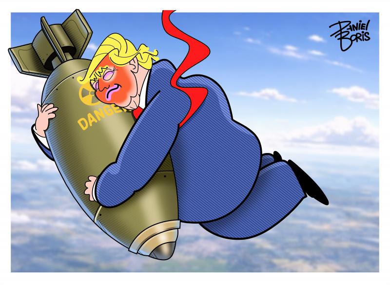 Trump seen hugging a bomb with a hugh smile on his face as both are falling from the sky.