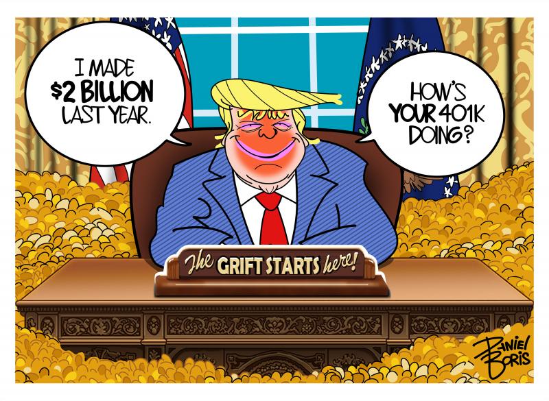 Trump seen seated in oval office, at resolute desk. Surrounded by gold coins. "I made $2 Billion last year." "How's your 401k doing?"