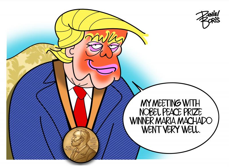 Trump seen seated and smiling, with a nobel peace prize dangling around his neck. "My meeting with nobel peace prize winner Maria Machado went very well."