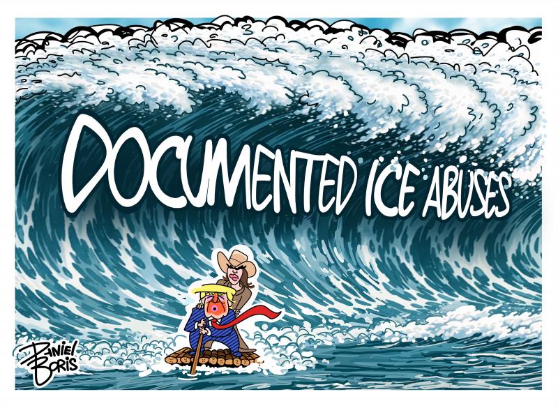 Trump and Noem seen on a small raft. A Gigantic wave seen behind them labelled, "Documented ICE Abuses."