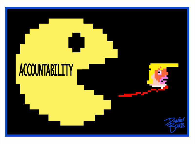 Large, yellow, iconic, pixelated Pac-Man shape seen chasing Trump character. Pac-Man has mouth agape. The word, "Accountability" seen on Pac-Man's side.