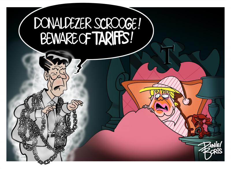 Ronald Reagan haunting Donald Trump is a parody to A Christmas Carol. Reagan: "Donaldezer Scrooge! Beware of Tariffs!"