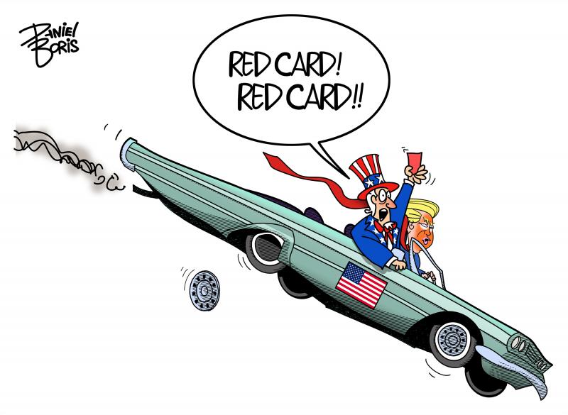 Trump seen at the wheel of a convertbile automobile headed downward. Uncle Sam seen in the passenger seat, holding a red card over his head as he frantically yells. Uncle Same: "Red Card! Red Card!"