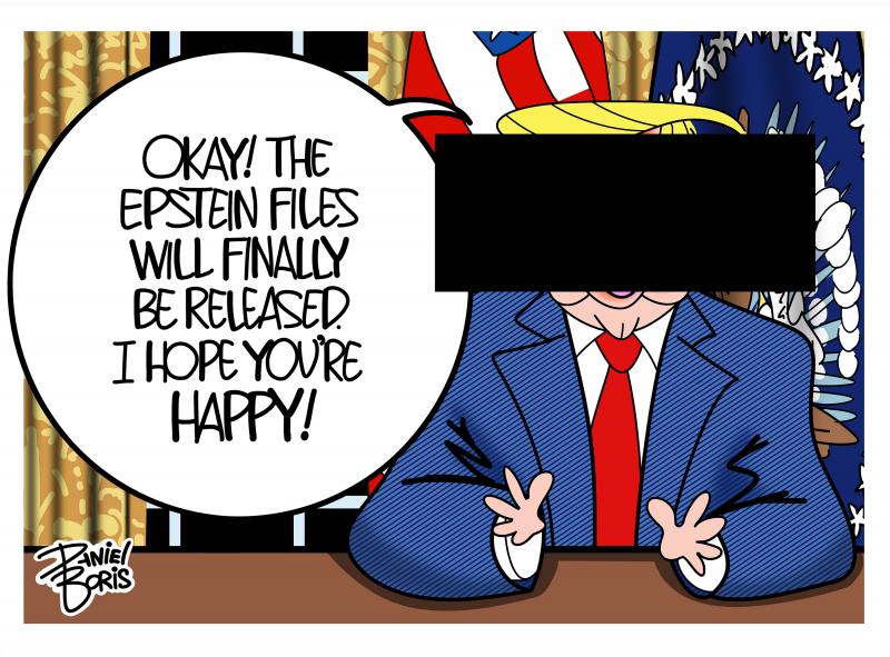 Trump speaking from his desk in the oval office. He is shown with redacted black mark across his face. "Okay! The Epstein Files will be released. I hope you're happy!"