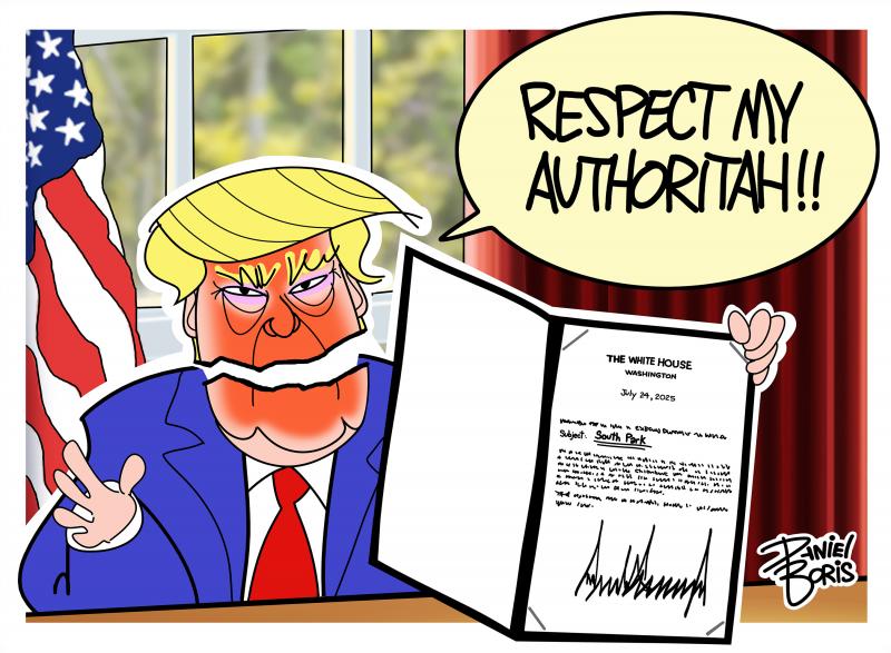 Trump seen with head split at the mouth, in the style of South Park. He holds to his right an Executive Order with the words, "South Park" seen near the top. Trump: "Respect My Authoritah!!"