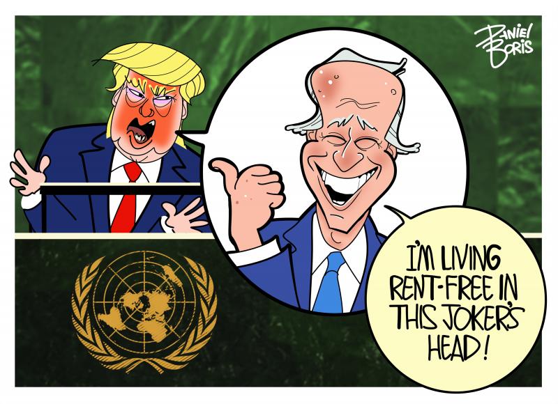 Trump seen angrily speaking at the UN. Trump's word balloon shows former president Joe Biden inside it, smiling and pointing at Trump. Biden: "I'm living rent-free in this joker's head!"