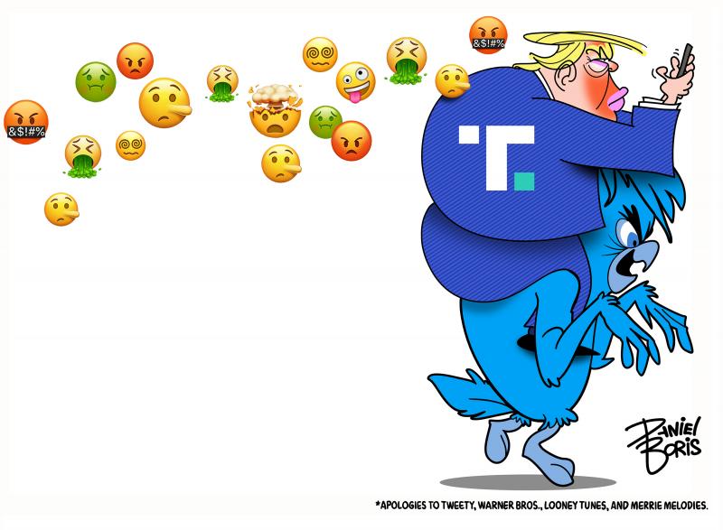On the far right of the area, Donald Trump is seen wearing his usual blue suit, with cell phone in hand, typing feverishly, whileriding on the shoulders of a blue iconic cartoon tweety bird monster. The Truth Social logo is seen on the side of Trump. Angry emoji's follow their footsteps off to the left of the screen.
