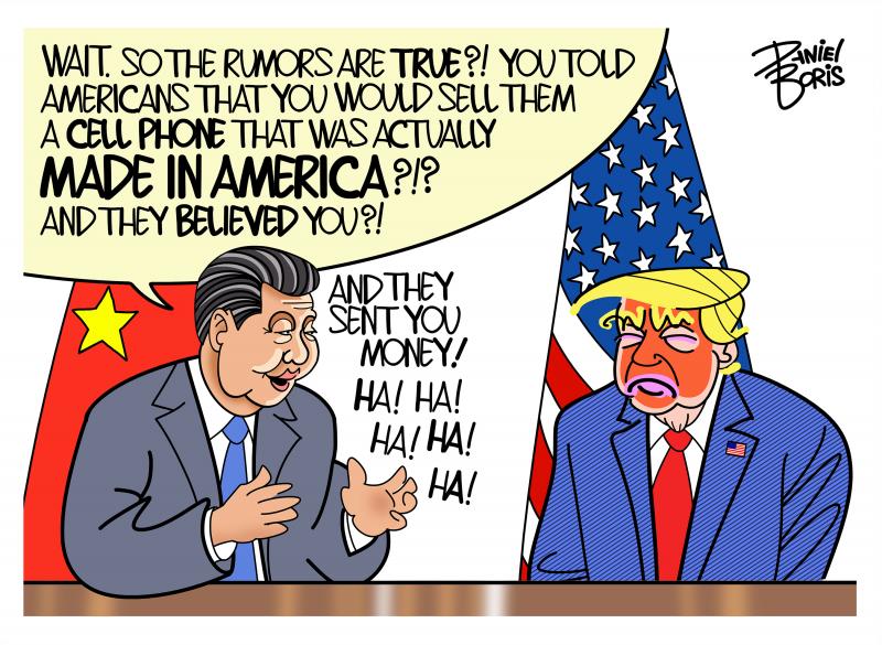 Xi and Trump seen at a table. Xi is very animated as he asks Trump if it is true that he really offered Americans a cell phone that was Made in America and the people believed him, and also sent him money. Xi also laughing at that idea.
