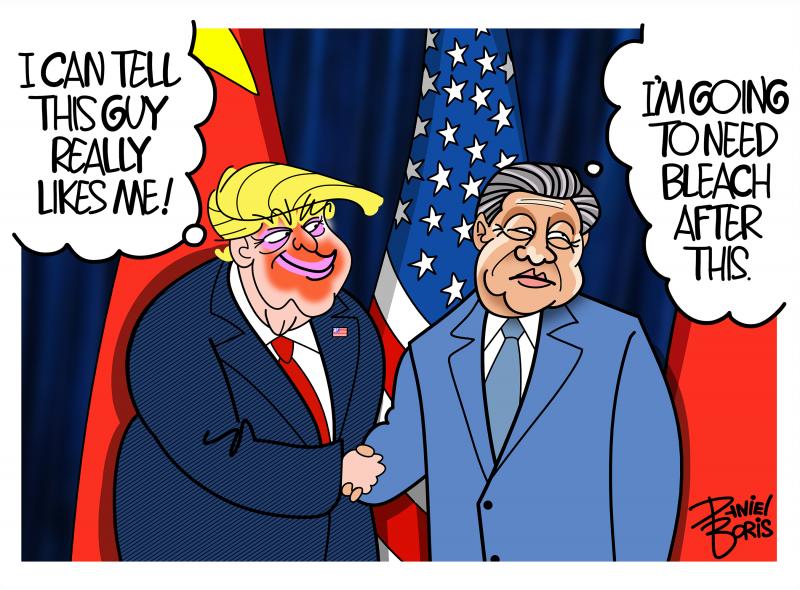 Trump shakes Xi's hand. Trump thinks to himself: I can tell this guy really likes me. Xi thinks to himslef: I am going to need bleach after this.