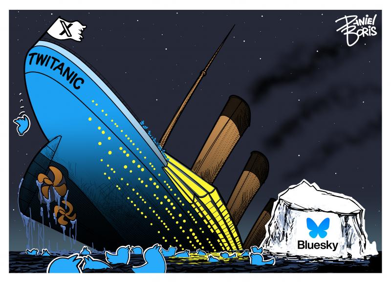 Titanic seen sinking, flag on back of ship shows the Twitter X logo. Twitter birds seen jumping off of ship and many more blue twitter birds swimming in icy water. Iceberg seen to the right with Blue Sky Social logo on it.
