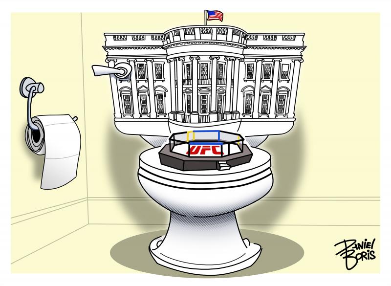 A toilet is pictured, with a roll of toilet paper nearby. The White House is shown as the water tank, and a UFC octagon fighting cage is seen sitting on the closed lid.
