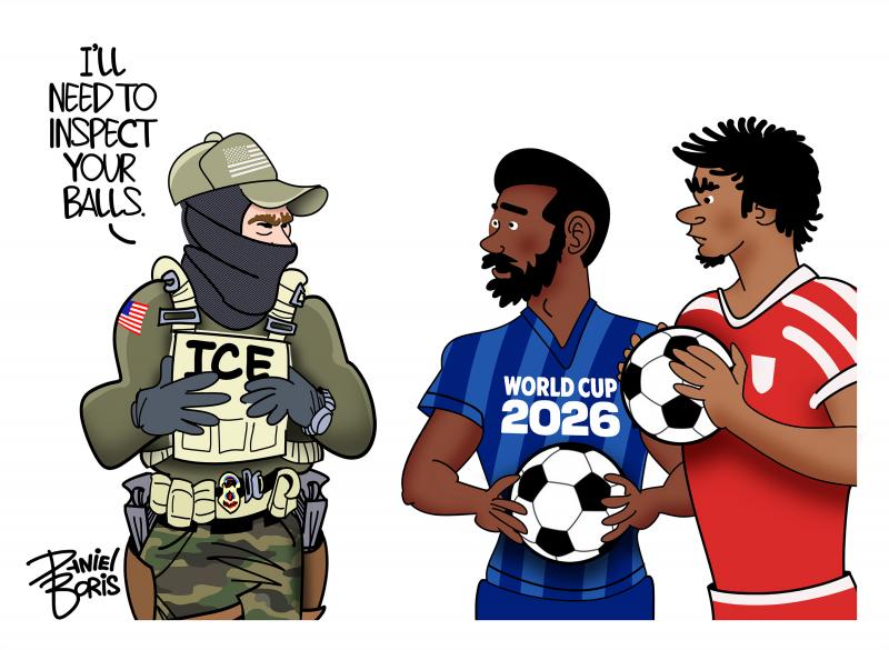A masked ICE agent talking to two athletes (one with "World Cup 2026" written on his chest) each holding footballs. "I'll need to inspect your balls."