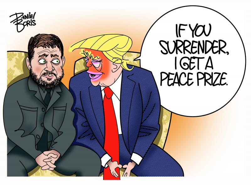 Ukraine President Zelenskyy seen sitting next to Trump. Zelensky has a look of disbelief on his face as he looks at Trump is is leaning over with a grin. Trump: "If you surrender, I get a peace prize."
