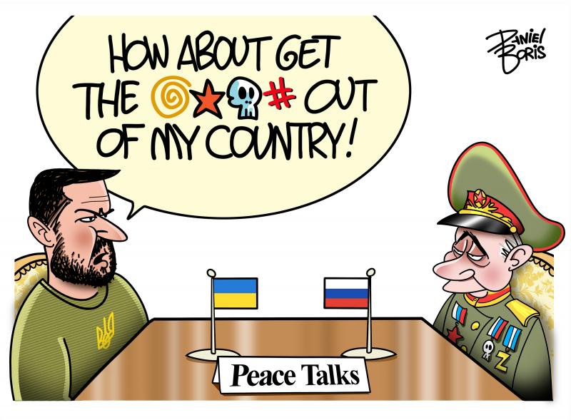 Zelenskyy is seen facing Putin at a table that has a Ukrainian and Russian flag on it, along with a small sign that reads, "Peace Talks." Putin is dressed in a military uniform. Zelensky: "How about get the @&#! of my country!"