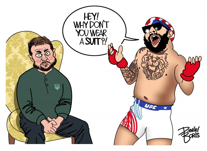 President Zelenskyy seen seated in an elegant chair. barely clothed UFC fighter is seen nect to him yelling. "Hey! Why don't you wear a suit?!"