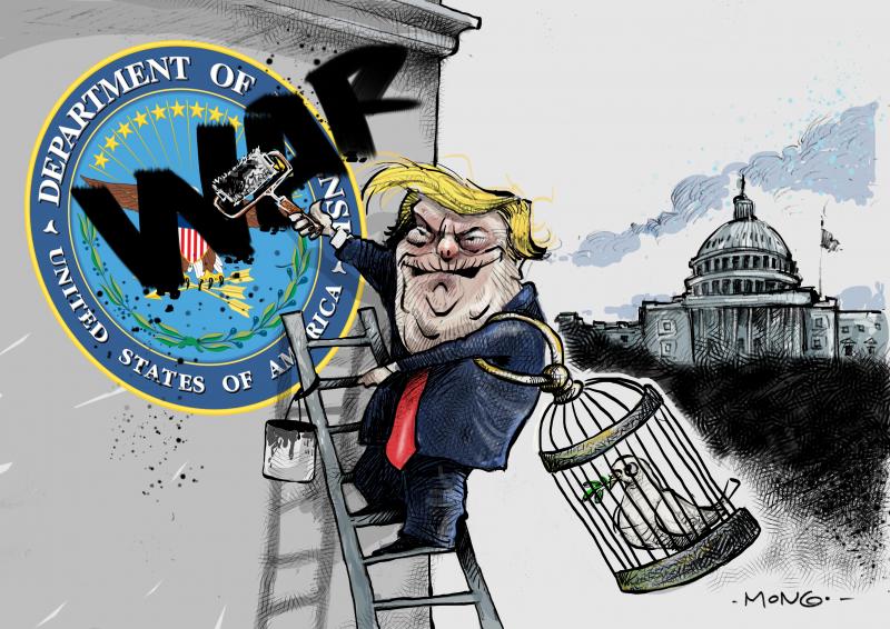 Cartoon showing a smug Donald Trump standing on a ladder holding a caged dove of peace in one hand and a paint roller in the other. He is using black paint to write ‘WAR’ in large letters on the seal of the Department of Defence. In the background, we see the Capitol.