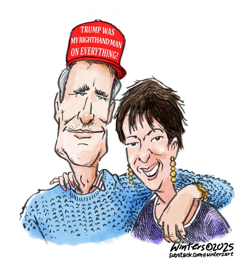 Jeffrey Epstein wearing a red MAGA hat alongside girlfriend, Ghislaine Maxwell