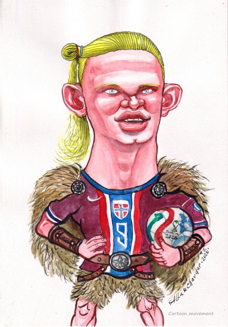 A caricature of soccer player Erling Haaland as a Viking