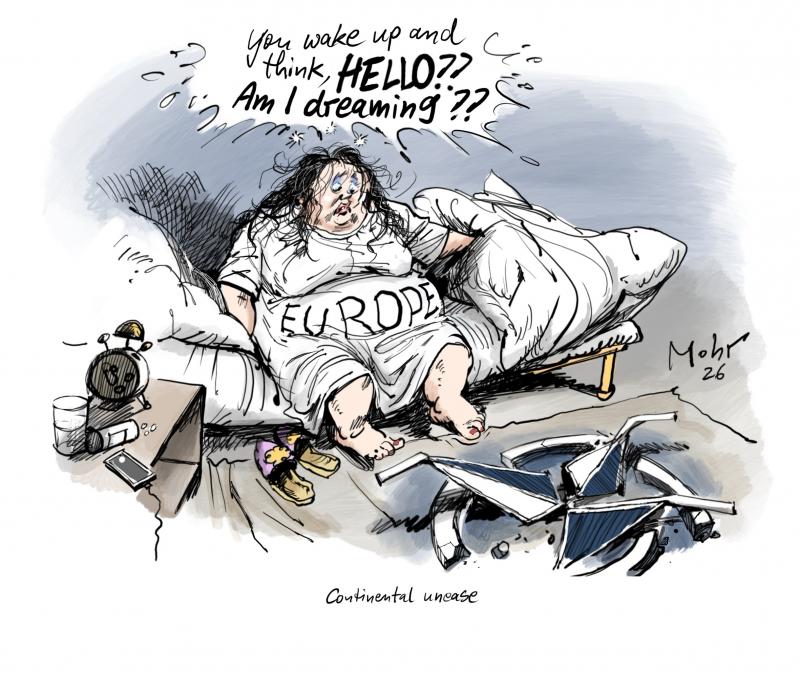 Europe in bed alarmed by the damaged NATO-symbol at her feet.