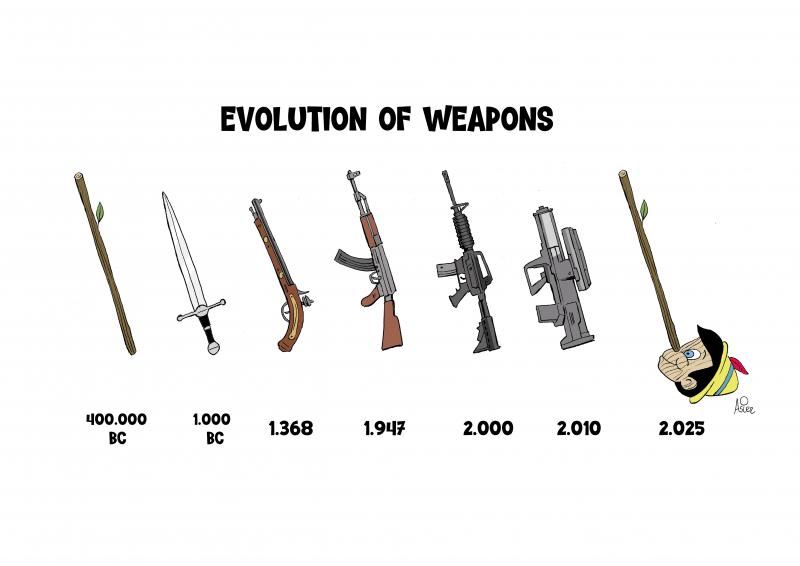 Cartoon showing different weapons next to each other with the date they were invented below, with the text 'evolution of weapons' above it. The sequence starts with a sick and the year 400,000 BC, followed by a sword and the year 1000 BC. After this we see various types of guns, getting more sophisticated; the final weapon in the row (with the year 2025 below it) is again a stick, except this time it's the nose of the head of a Pinocchio.