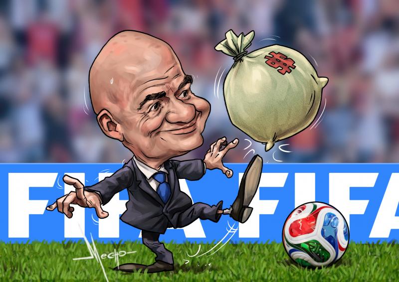 FIFA President Gianni Infantino is shown kicking a giant sack of money instead of the football. This sharp satire highlights how commercial interests and financial gain often take center stage over the actual sport.